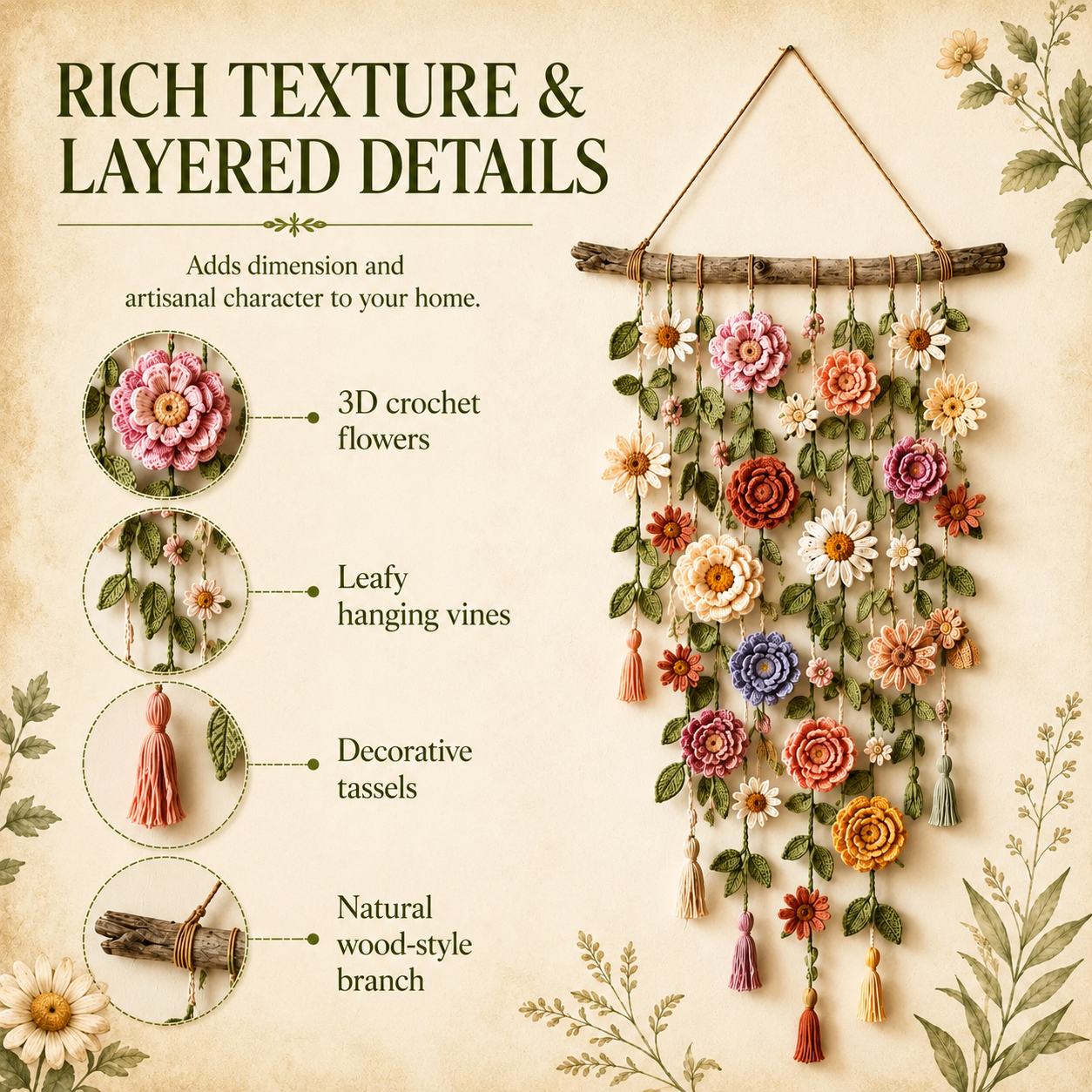 🏡 🌸 Upgrade Your Living Room Vibe : Boho Crochet Flower Wall Hanging Decor 🧶 🌿