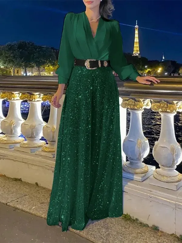 Stylish V-Neck Long Sleeve Shirt & Sequin Wide Leg Pants Set (Buy 2 Free Shipping)