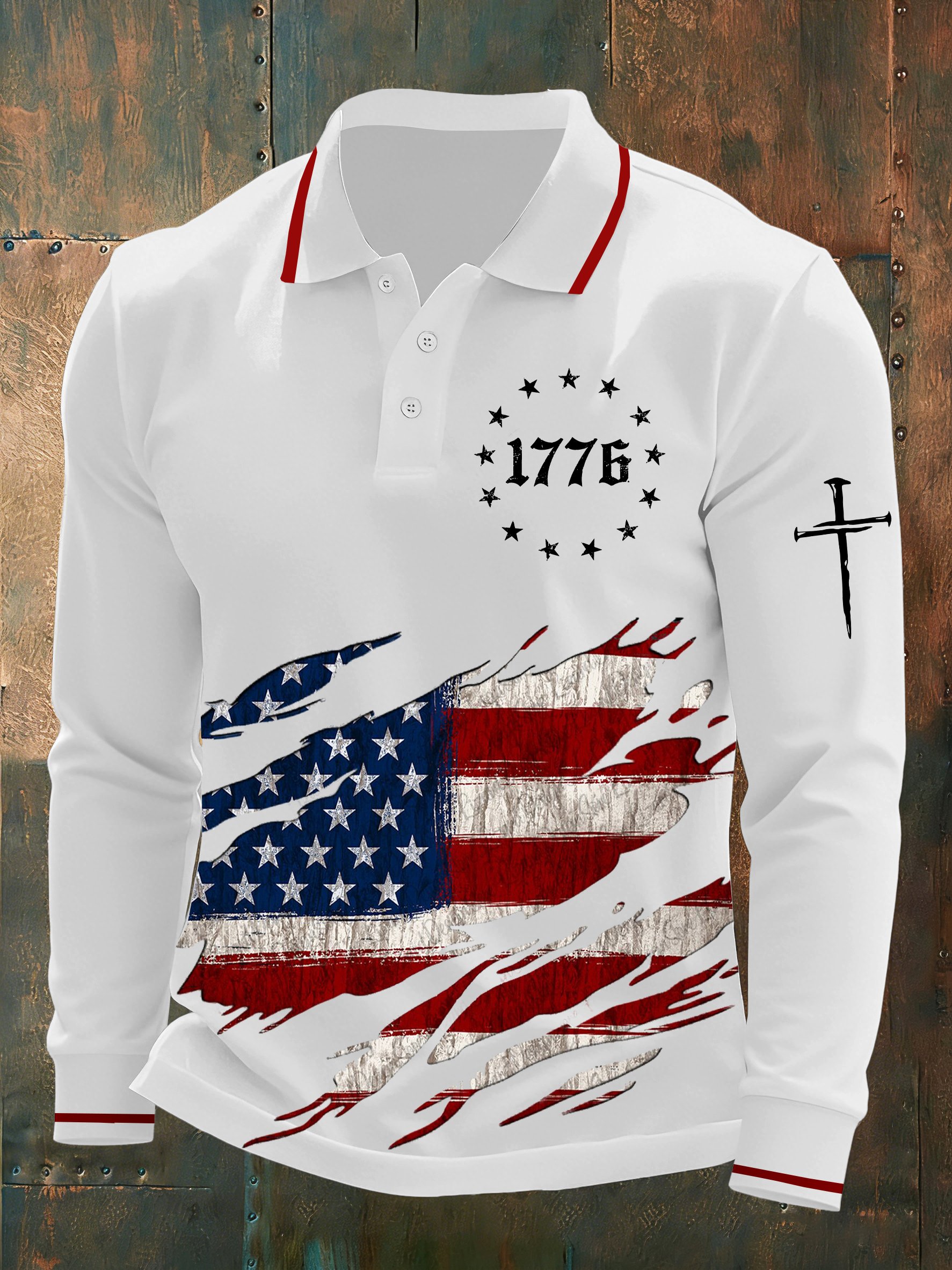 Patriotic 1776 American Flag Print Long-Sleeve Polo Shirt – Distressed USA Flag Design with Cross Detail