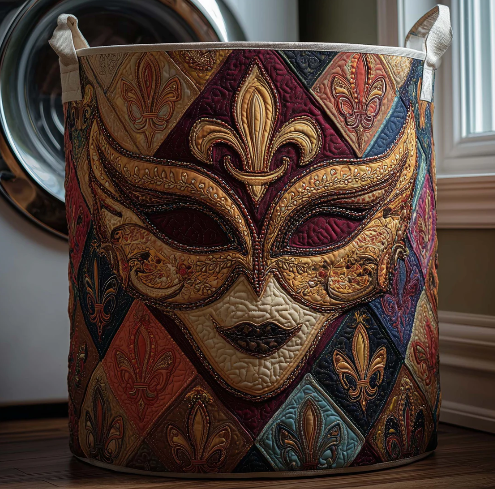 Luxurious Mardi Gras Fleur-de-lis Pattern Quilted Laundry Basket Eco-Friendly Machine Washable Storage Organizer for Home Carnival Themed Decor | Mardi Gras Fleur-de-lis