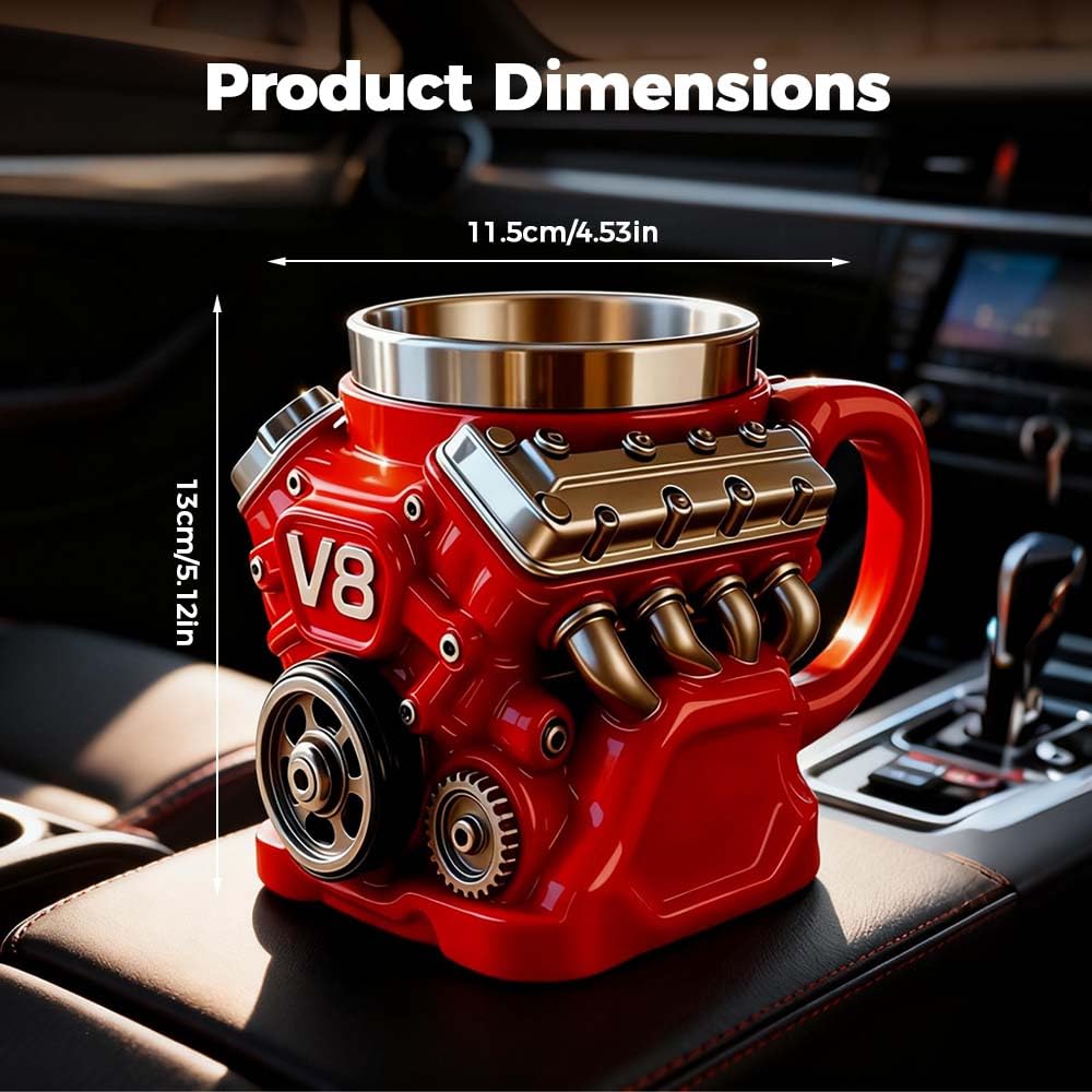 V8 Engine Coffee Mug, Engine Themed Stainless Steel Coffee Cup with Double Wall Insulation & Handle, Retro Engine Mug Gift for Mechanics, Car Lovers & Auto Enthusiasts