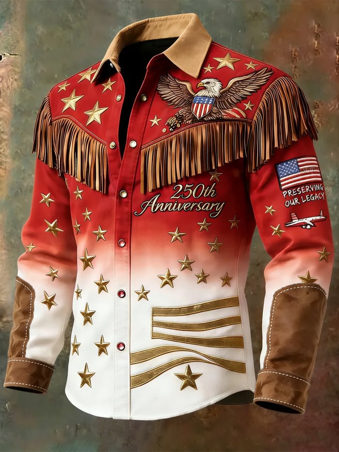 Men's US 250th Anniversary Western Fringe Embroidered Shirt – Patriotic Eagle & Flag Cowboy Button-Down with Suede Accents