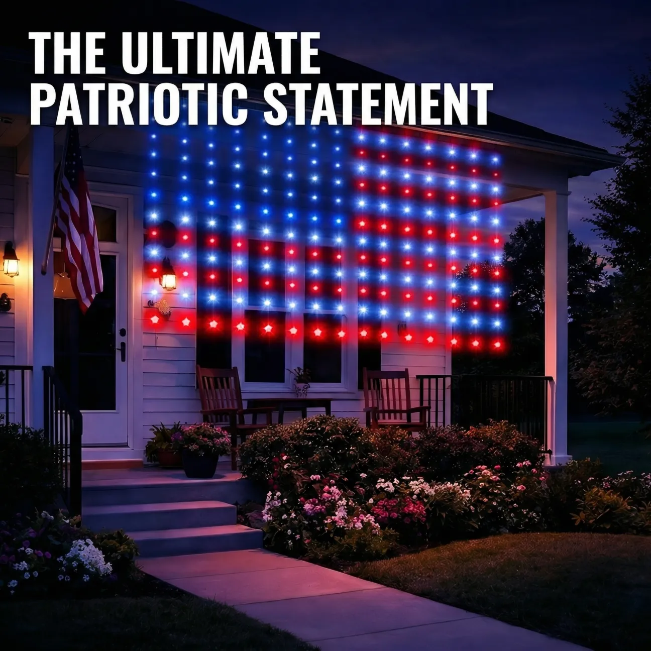 American Flag Curtain Lights, Waterproof Patriotic Outdoor String Lights, Red White Blue Decoration