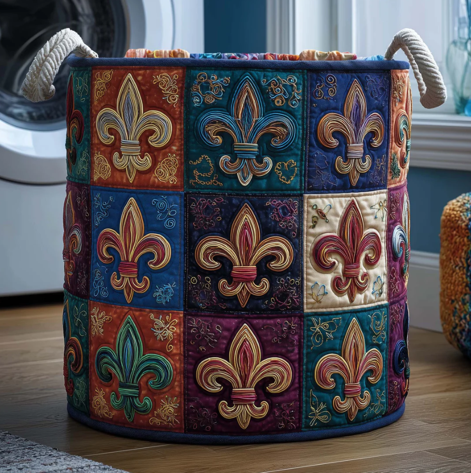 Luxurious Mardi Gras Fleur-de-lis Pattern Quilted Laundry Basket Eco-Friendly Machine Washable Storage Organizer for Home Carnival Themed Decor | Mardi Gras Fleur-de-lis
