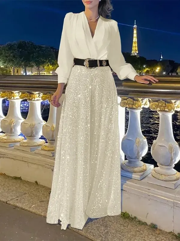 Stylish V-Neck Long Sleeve Shirt & Sequin Wide Leg Pants Set (Buy 2 Free Shipping)