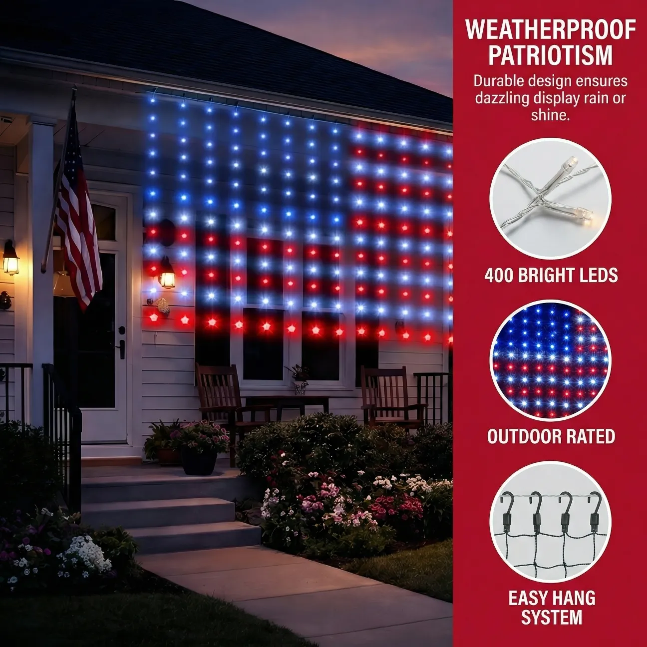 American Flag Curtain Lights, Waterproof Patriotic Outdoor String Lights, Red White Blue Decoration
