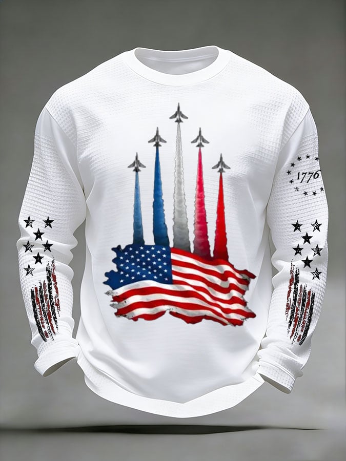 Men's 250th Anniversary US Flag Airplane Flyover Long-Sleeve Textured T-Shirt