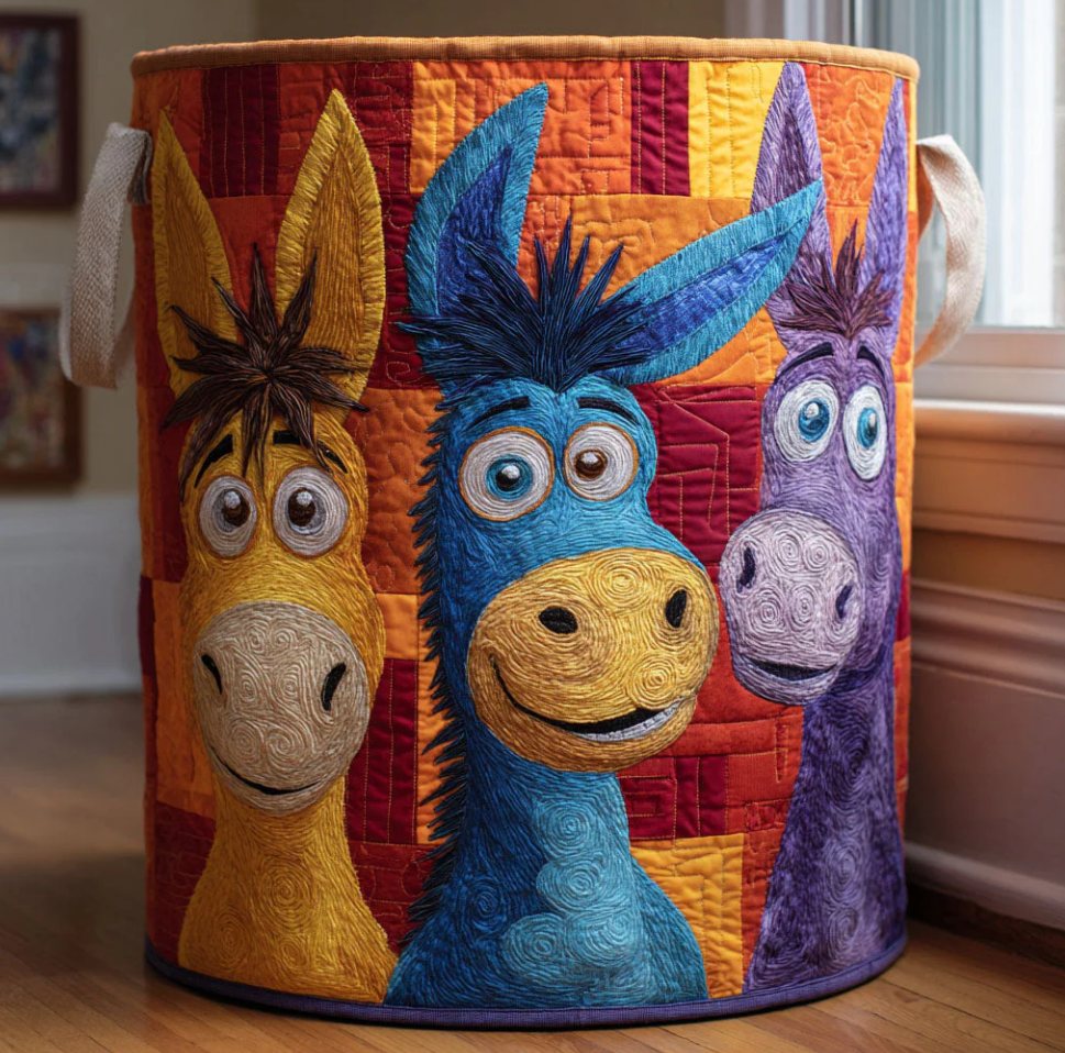 Colorful Cartoon Donkey Pattern Quilted Laundry Basket Eco-Friendly Machine Washable Storage Organizer for Home Kids' Room Decor | Donkey