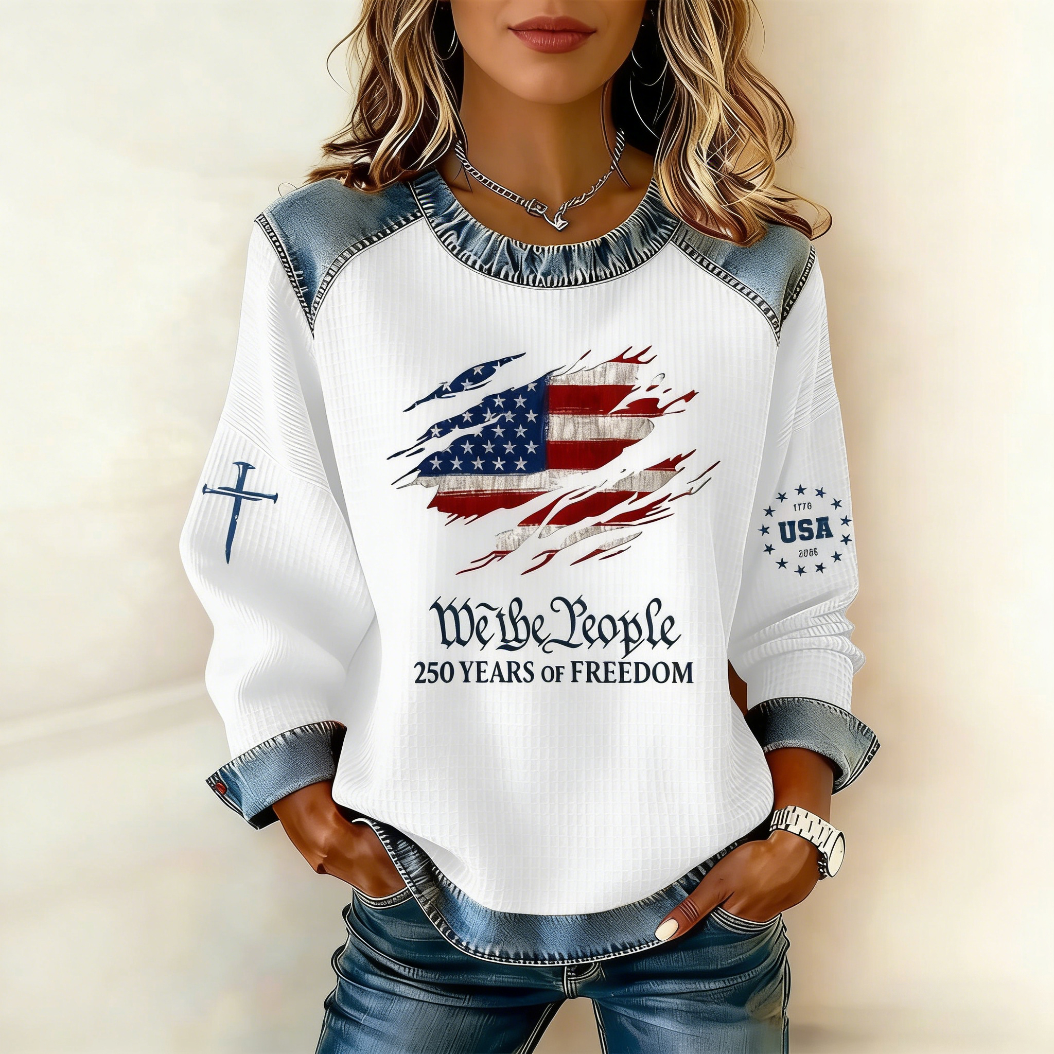 Women's 250th Anniversary "We The People" Distressed Flag Denim-Trim Waffle Sweatshirt