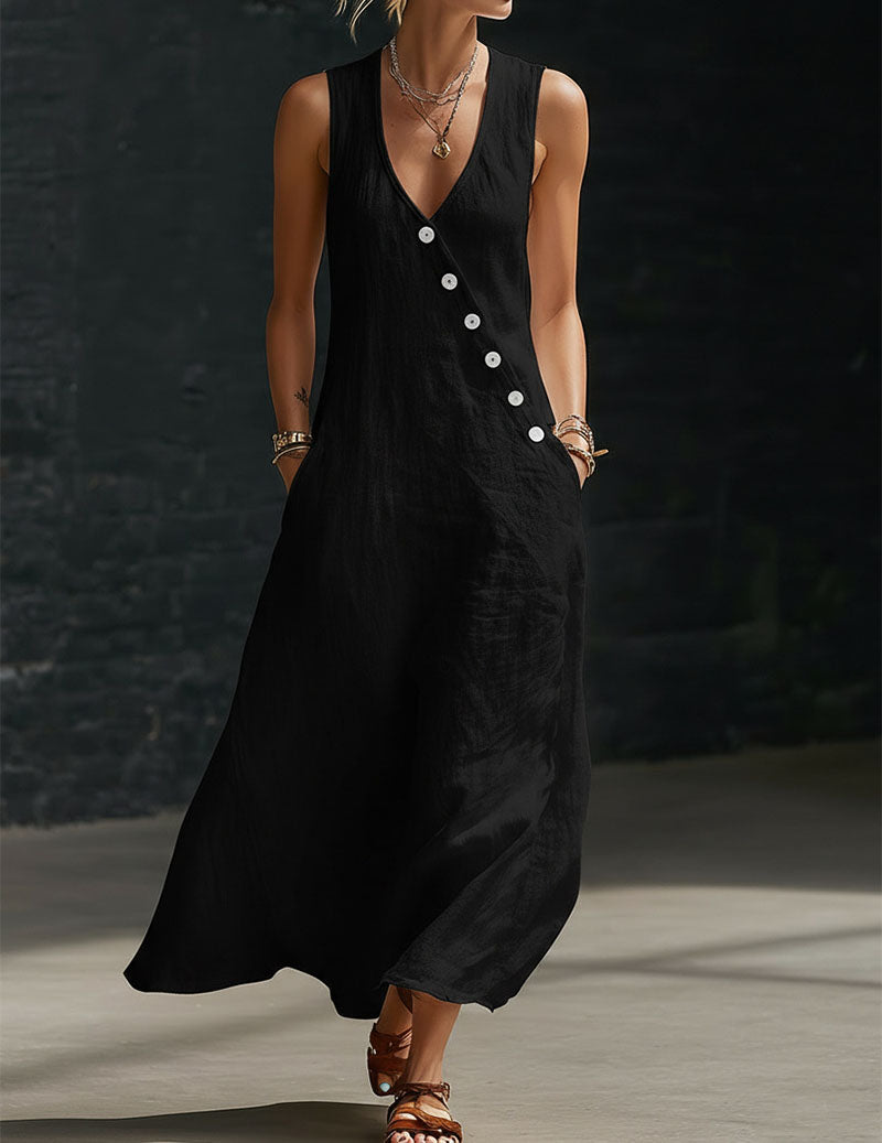 Linen Sleeveless V-Neck Button Down Midi Dress Sundress with Pockets