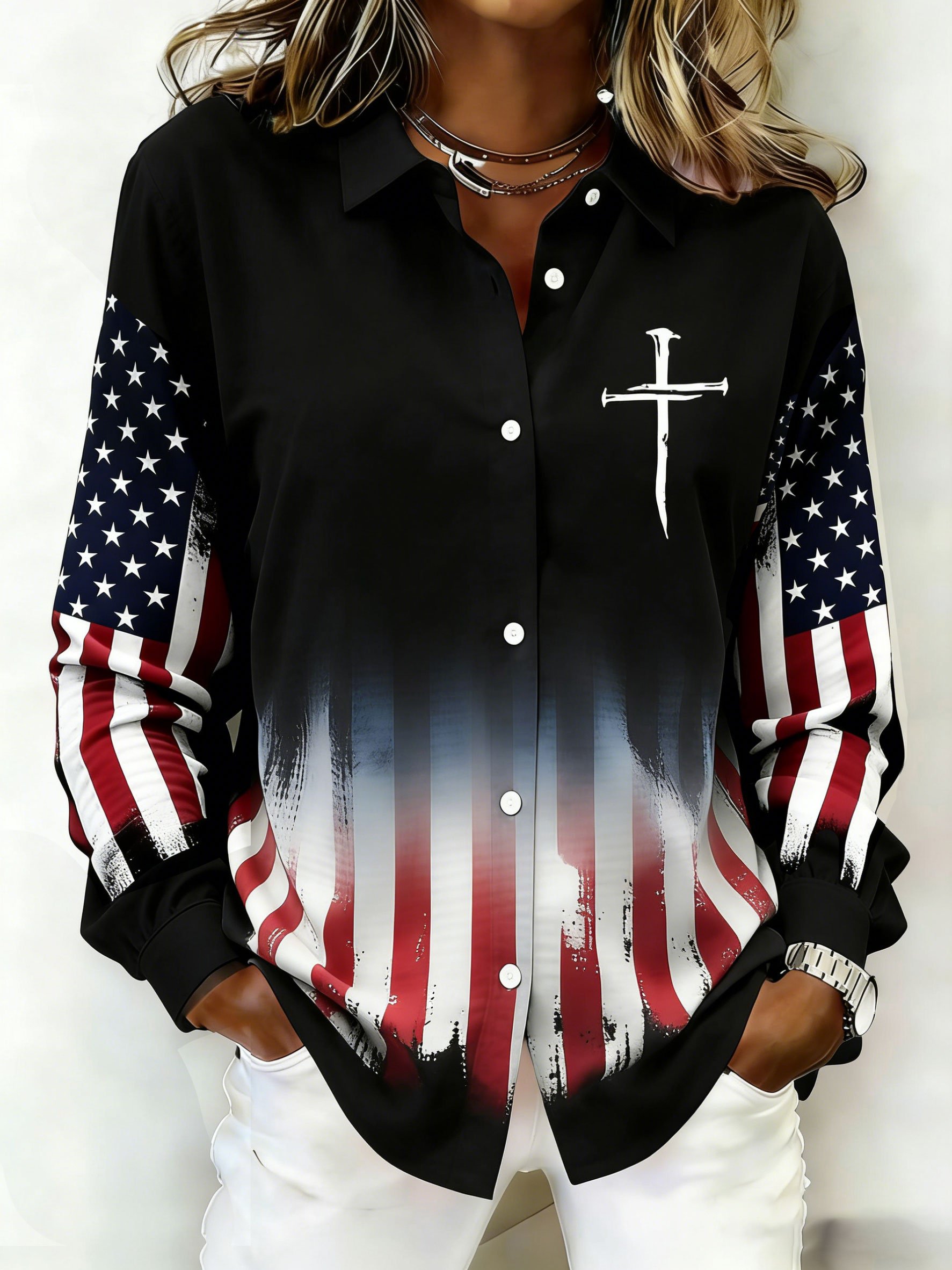 Women's Casual Collared Shirt With Cross Print