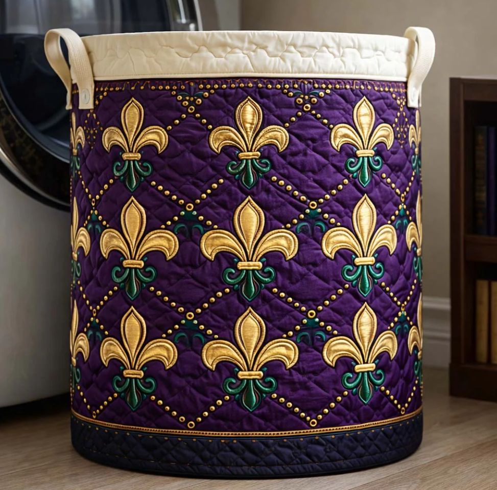 Luxurious Mardi Gras Fleur-de-lis Pattern Quilted Laundry Basket Eco-Friendly Machine Washable Storage Organizer for Home Carnival Themed Decor | Mardi Gras Fleur-de-lis