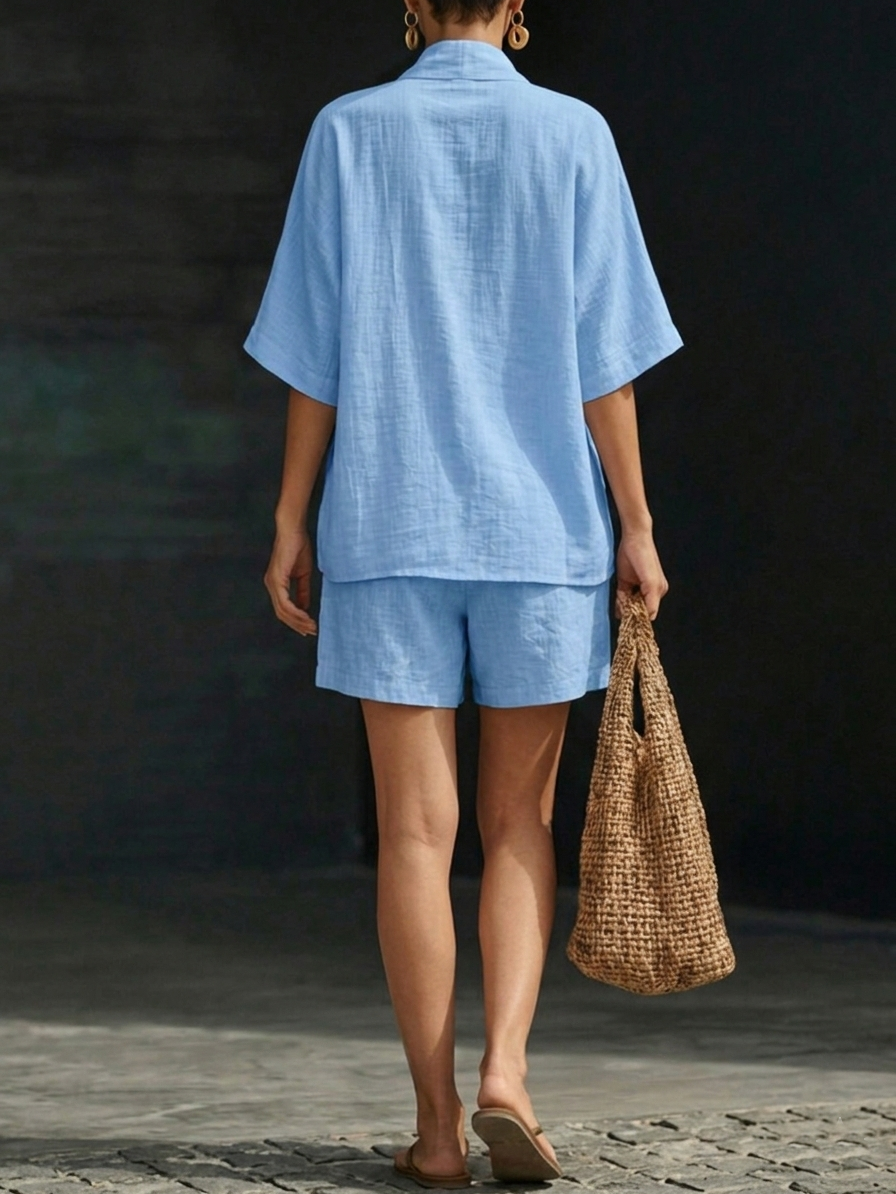 Plus Size Friendly Minimalist Cozy V-neck Shirt And Shorts Linen Cotton Two-piece Set