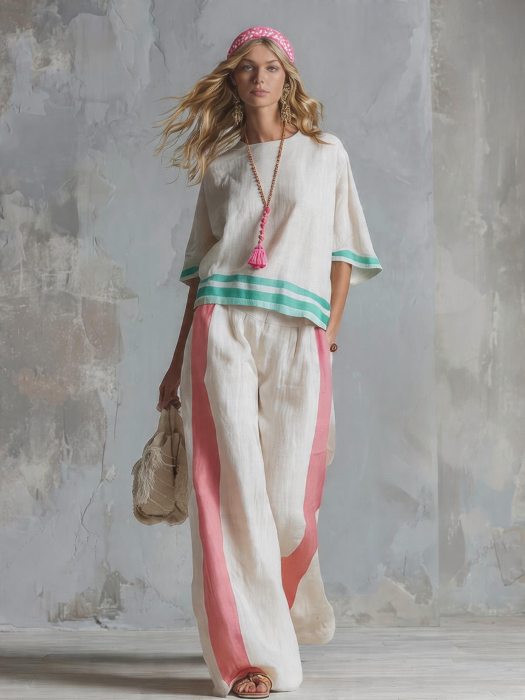 Casual Urban Style Contrast-Trimmed White T-Shirt & Wide-Leg Pants Cotton-Linen Set