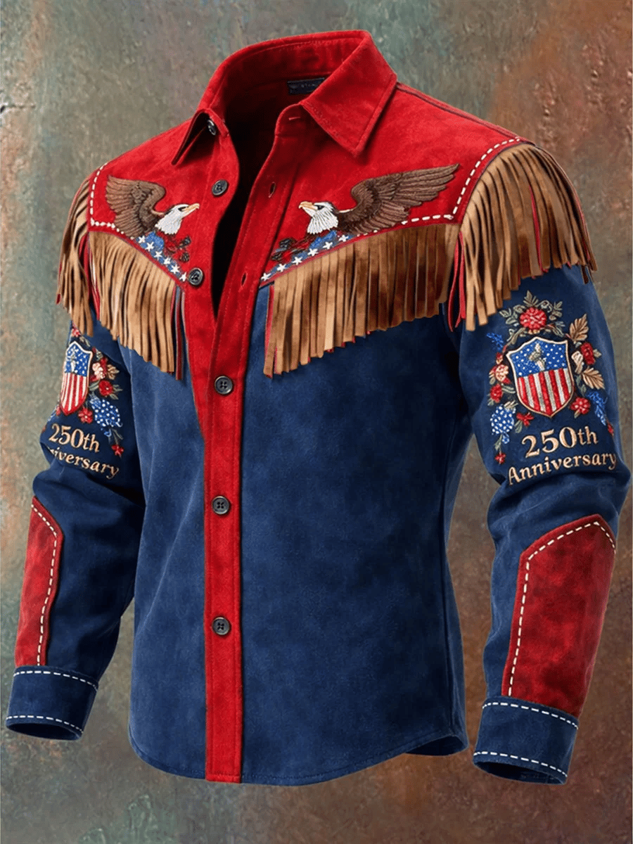 Men's US 250th Anniversary Western Fringe Embroidered Shirt – Patriotic Eagle & Flag Cowboy Button-Down with Suede Accents