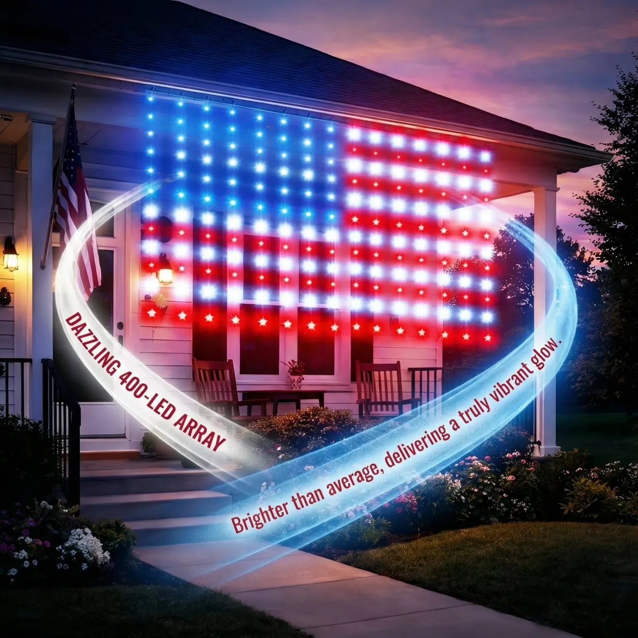 American Flag Curtain Lights, Waterproof Patriotic Outdoor String Lights, Red White Blue Decoration