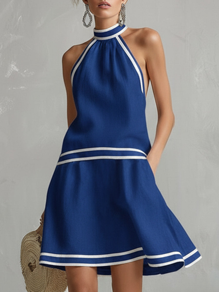 Elegant Color-Block Trim Orange Cotton-Linen Halter Sleeveless Mini Dress