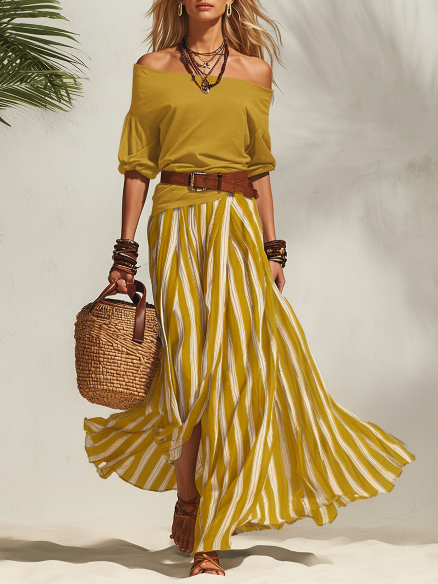 Nautical Vacation Style Navy Blue Off-the-shoulder Top And Navy Blue And White Striped Chiffon Slit Skirt Set