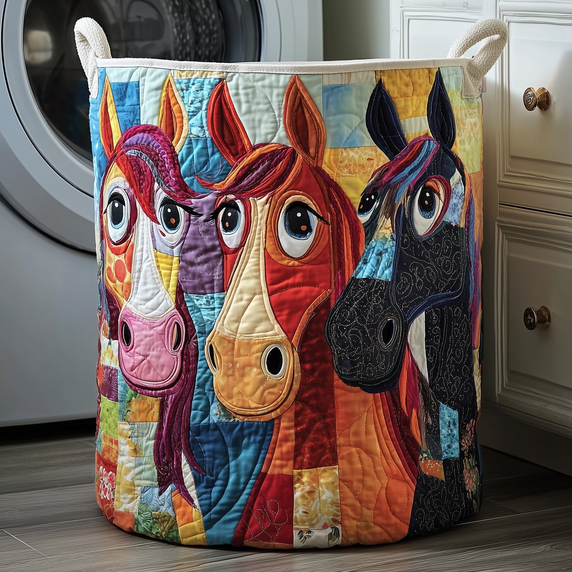 Whimsical Horse Quilted Laundry Basket  |  Horse