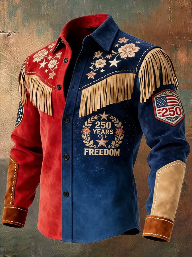 Men's US 250th Anniversary Western Fringe Embroidered Shirt – Patriotic Eagle & Flag Cowboy Button-Down with Suede Accents
