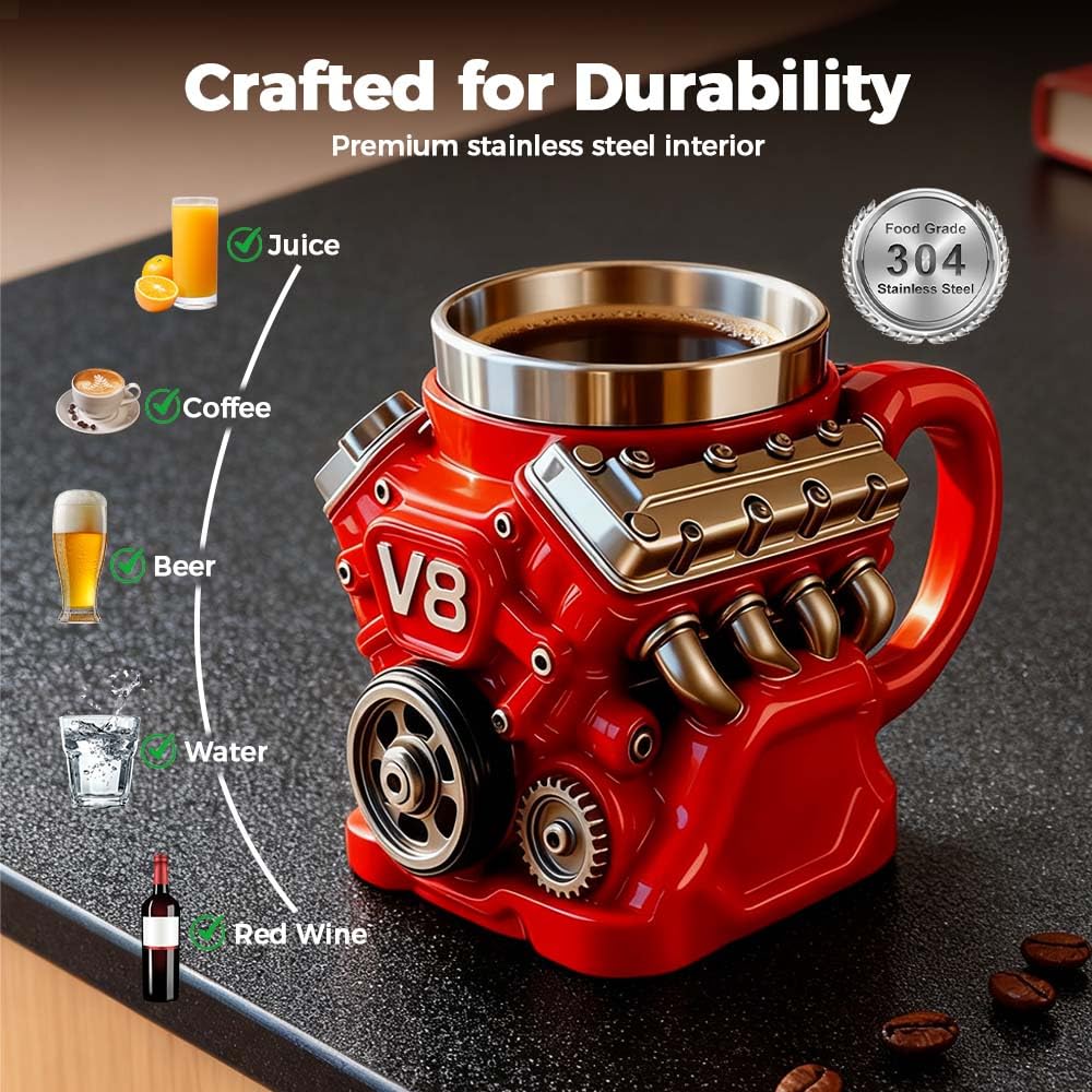 V8 Engine Coffee Mug, Engine Themed Stainless Steel Coffee Cup with Double Wall Insulation & Handle, Retro Engine Mug Gift for Mechanics, Car Lovers & Auto Enthusiasts