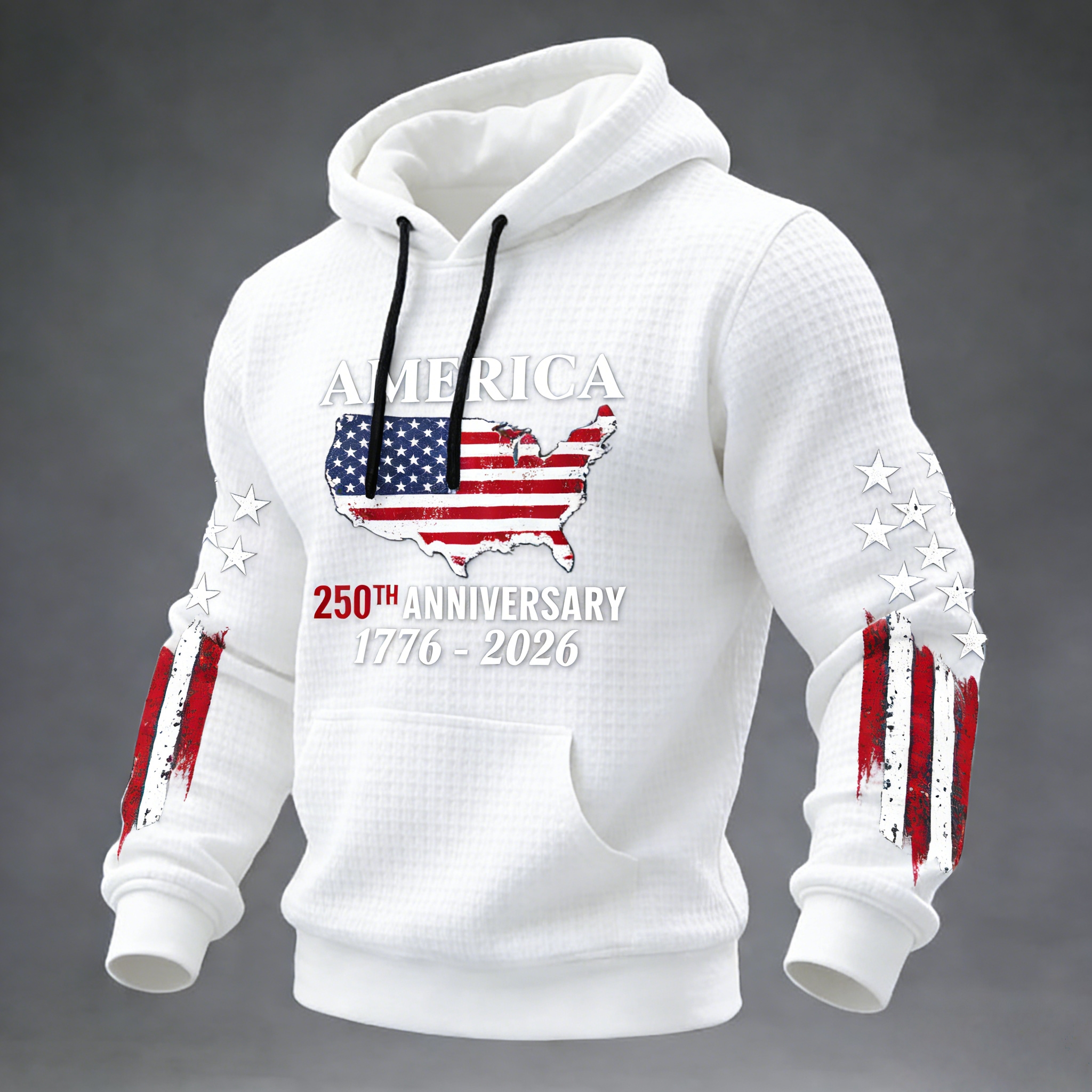 US 250th Anniversary 1776-2026 Patriotic Hoodie – American Flag Map Print Casual Sweatshirt with Star Sleeves