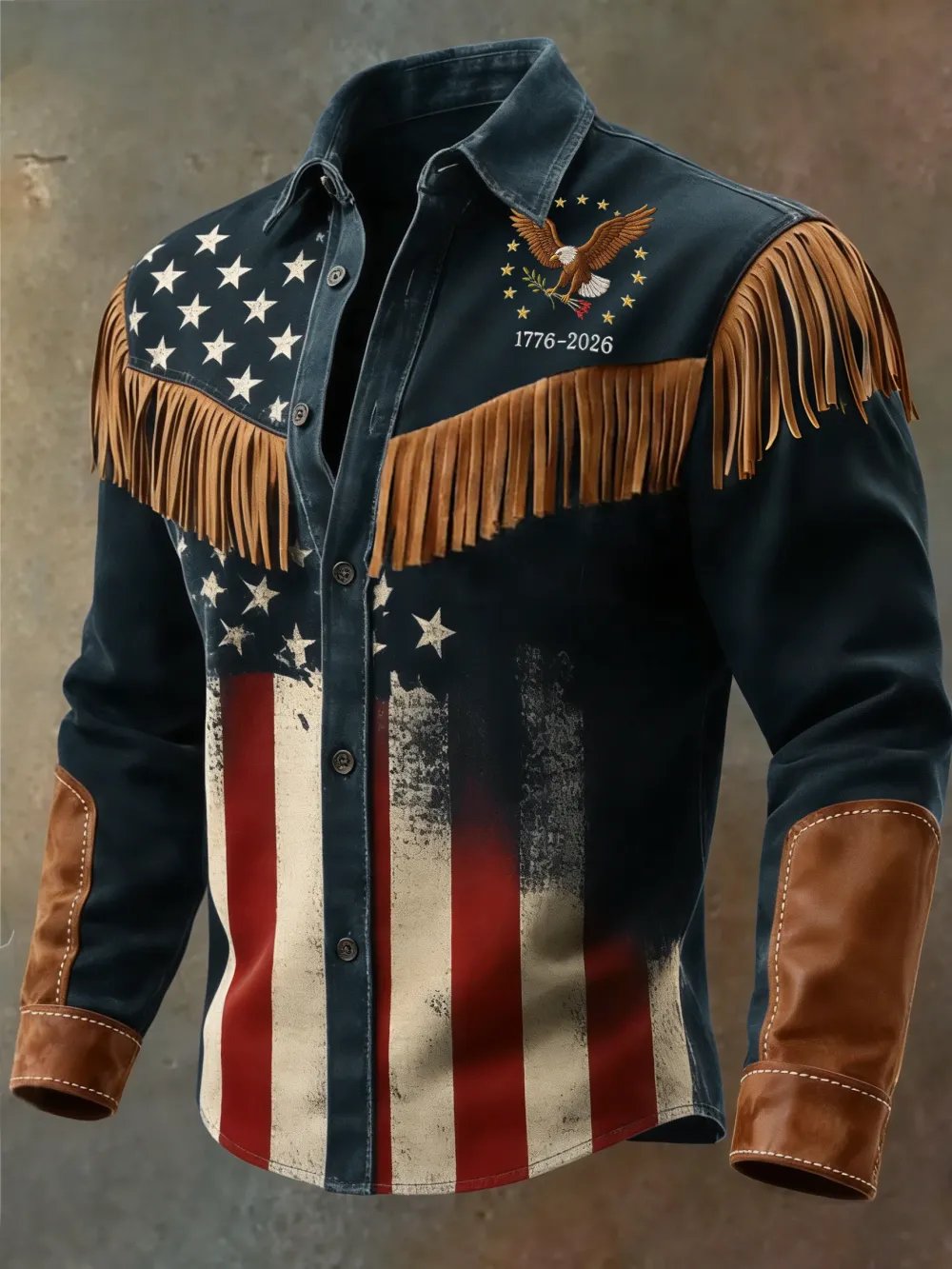 Men's US 250th Anniversary Western Fringe Embroidered Shirt – Patriotic Eagle & Flag Cowboy Button-Down with Suede Accents