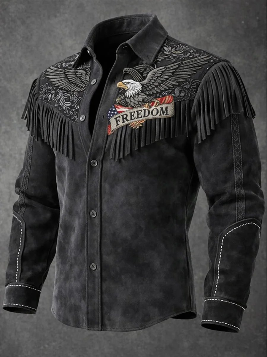 Men's US 250th Anniversary Western Fringe Embroidered Shirt – Patriotic Eagle & Flag Cowboy Button-Down with Suede Accents