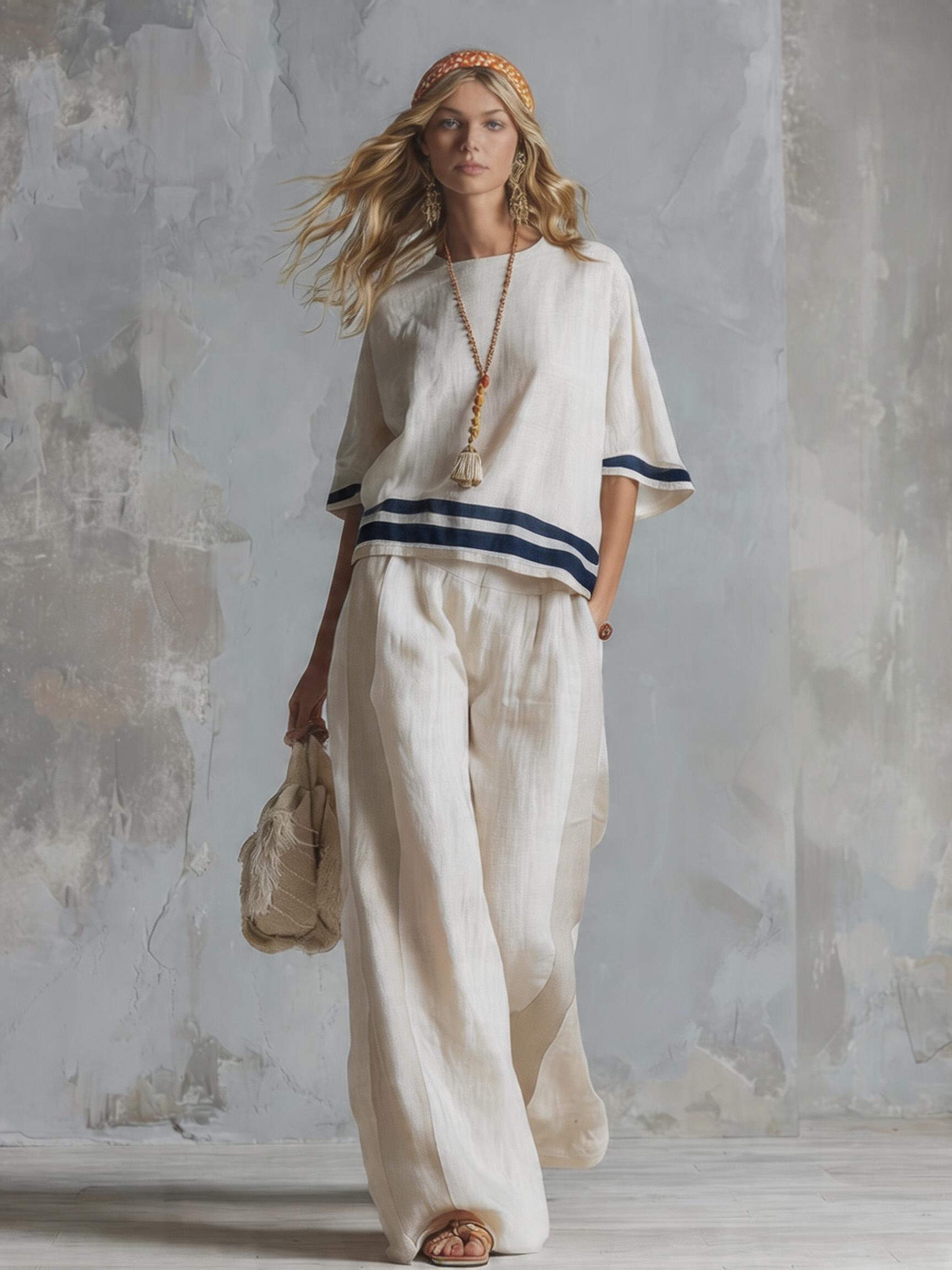 Casual Urban Style Contrast-Trimmed White T-Shirt & Wide-Leg Pants Cotton-Linen Set