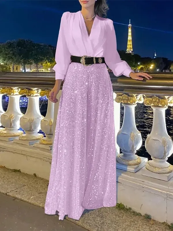 Stylish V-Neck Long Sleeve Shirt & Sequin Wide Leg Pants Set (Buy 2 Free Shipping)