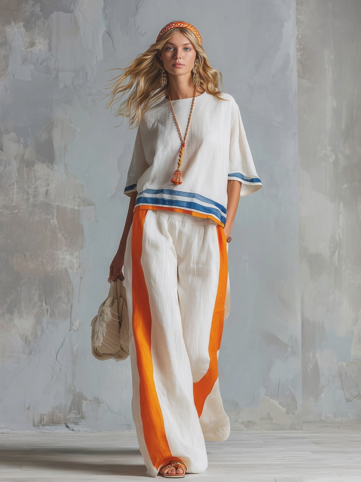 Casual Urban Style Contrast-Trimmed White T-Shirt & Wide-Leg Pants Cotton-Linen Set