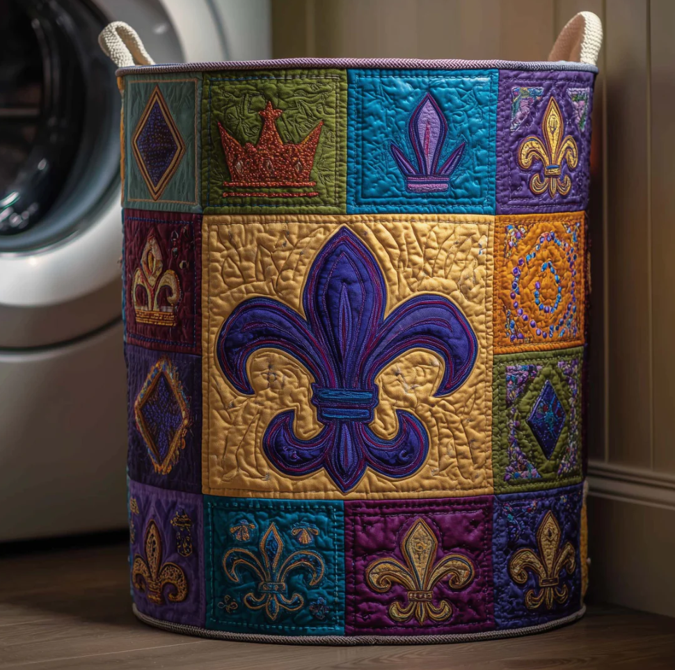 Luxurious Mardi Gras Fleur-de-lis Pattern Quilted Laundry Basket Eco-Friendly Machine Washable Storage Organizer for Home Carnival Themed Decor | Mardi Gras Fleur-de-lis