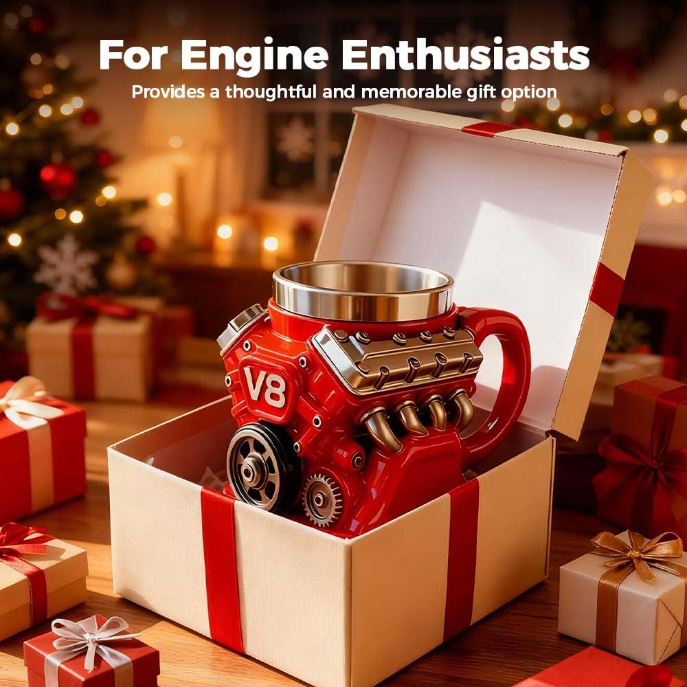 V8 Engine Coffee Mug, Engine Themed Stainless Steel Coffee Cup with Double Wall Insulation & Handle, Retro Engine Mug Gift for Mechanics, Car Lovers & Auto Enthusiasts