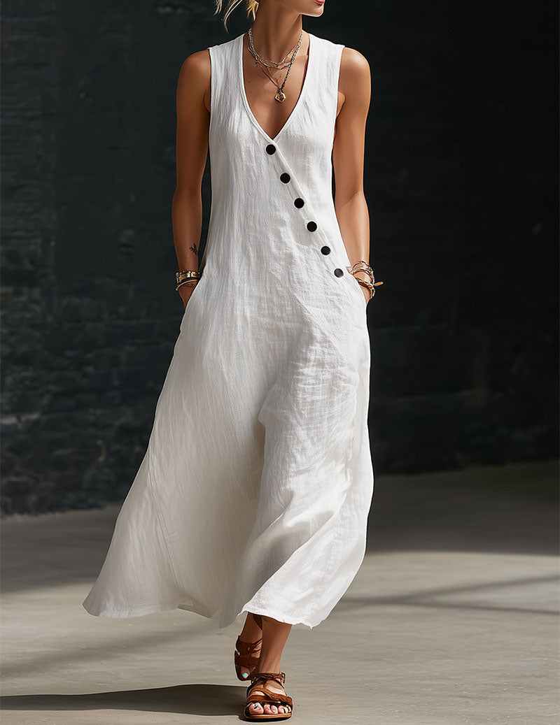 Linen Sleeveless V-Neck Button Down Midi Dress Sundress with Pockets