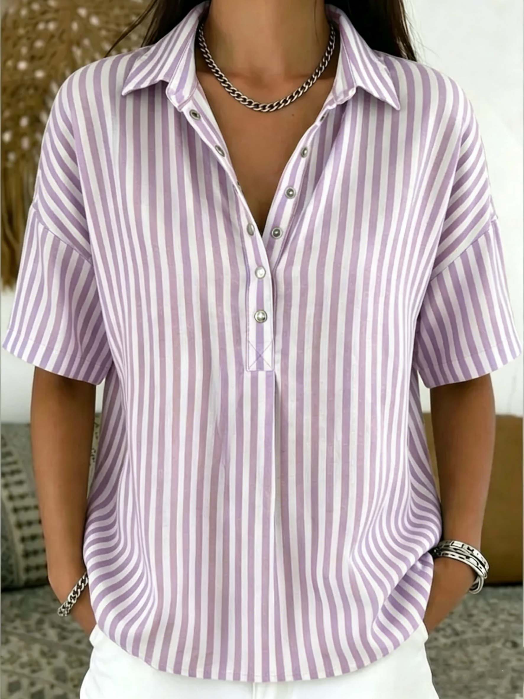 Casual Striped Polo Collar Snap Buttons Cotton-linen Shirt