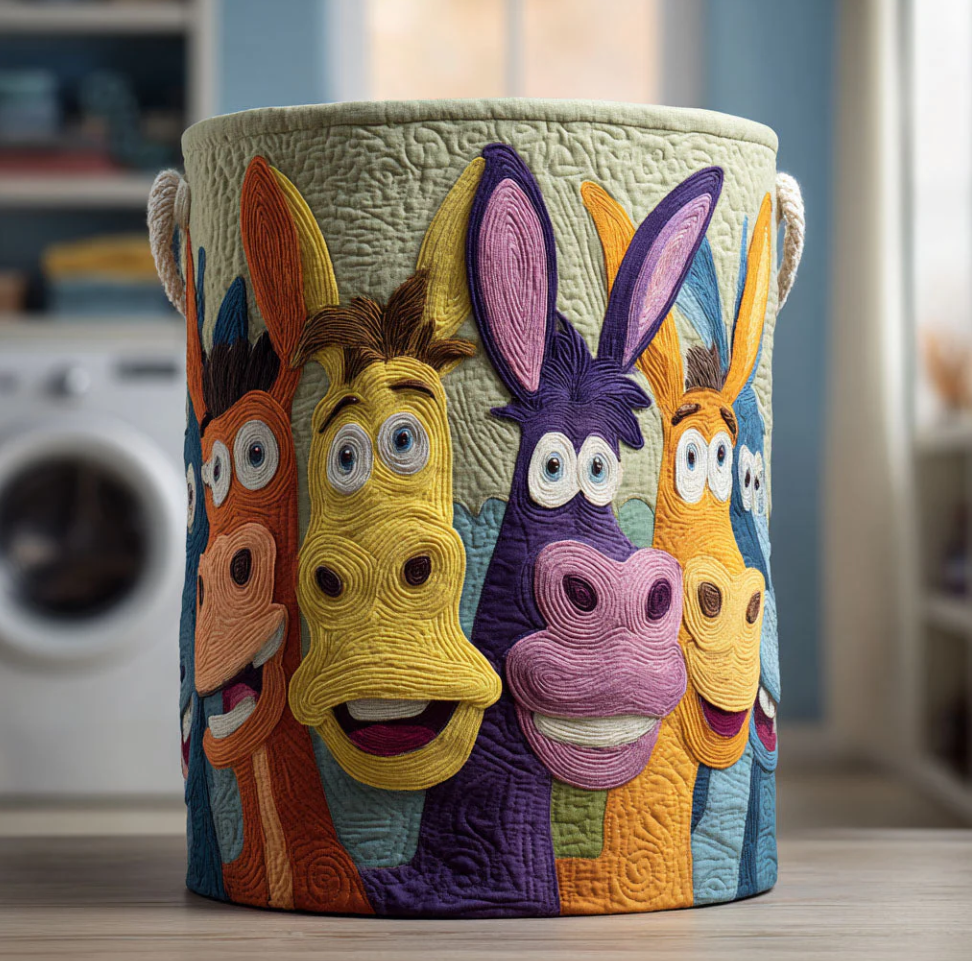 Colorful Cartoon Donkey Pattern Quilted Laundry Basket Eco-Friendly Machine Washable Storage Organizer for Home Kids' Room Decor | Donkey