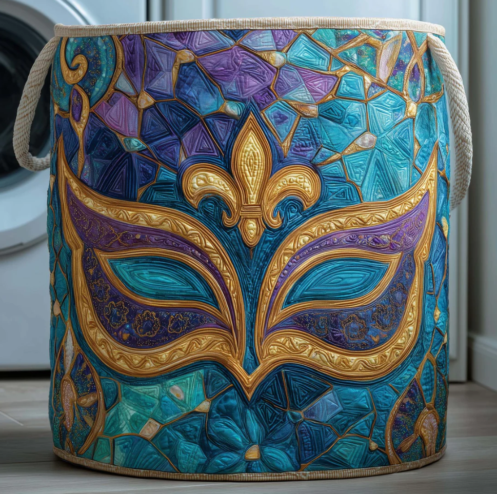 Luxurious Mardi Gras Fleur-de-lis Pattern Quilted Laundry Basket Eco-Friendly Machine Washable Storage Organizer for Home Carnival Themed Decor | Mardi Gras Fleur-de-lis