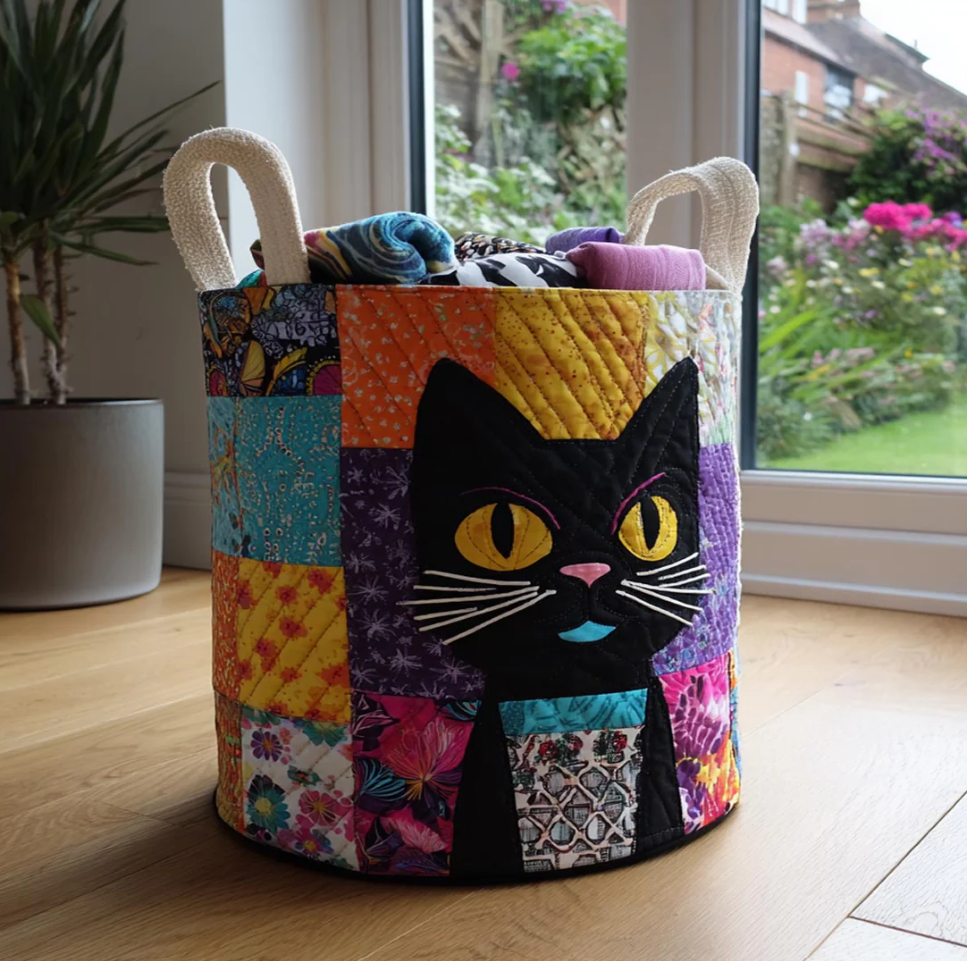 Artistic Cat Pattern Quilted Laundry Basket Eco-Friendly Machine Washable Storage Organizer for Home Cat Lover Room Decor | Cat