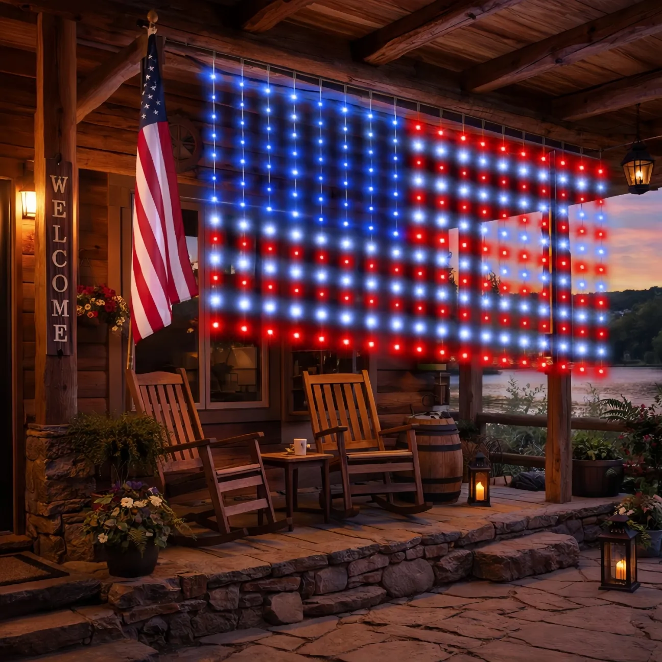 American Flag Curtain Lights, Waterproof Patriotic Outdoor String Lights, Red White Blue Decoration