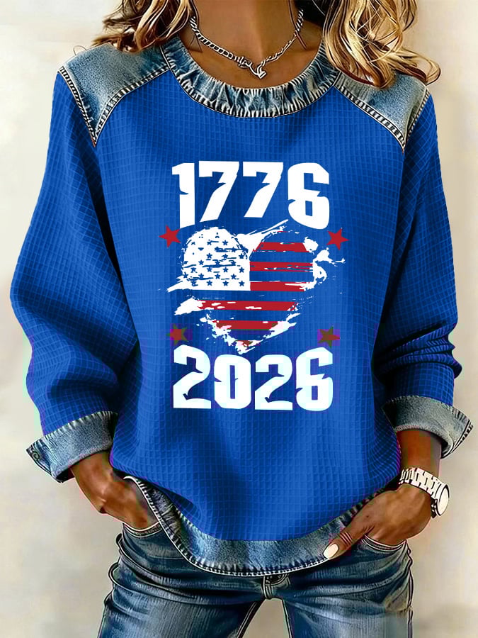 Women's 250th Anniversary 1776-2026 Denim Trim Waffle Knit Sweatshirt
