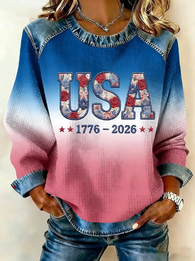Women's US 250th Anniversary 1776-2026 Patchwork Sweatshirt – Floral USA Print Denim-Accent Pullover