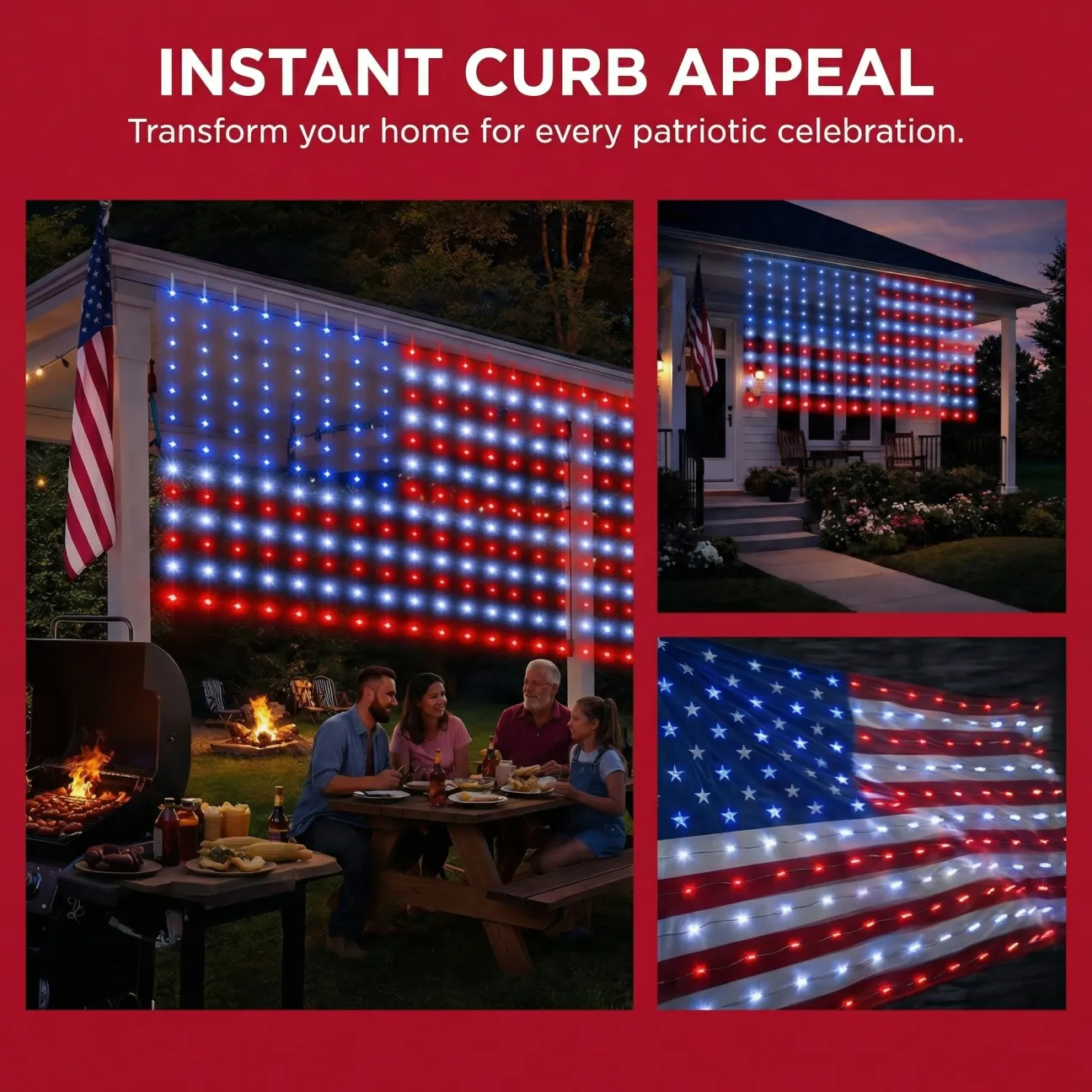 American Flag Curtain Lights, Waterproof Patriotic Outdoor String Lights, Red White Blue Decoration