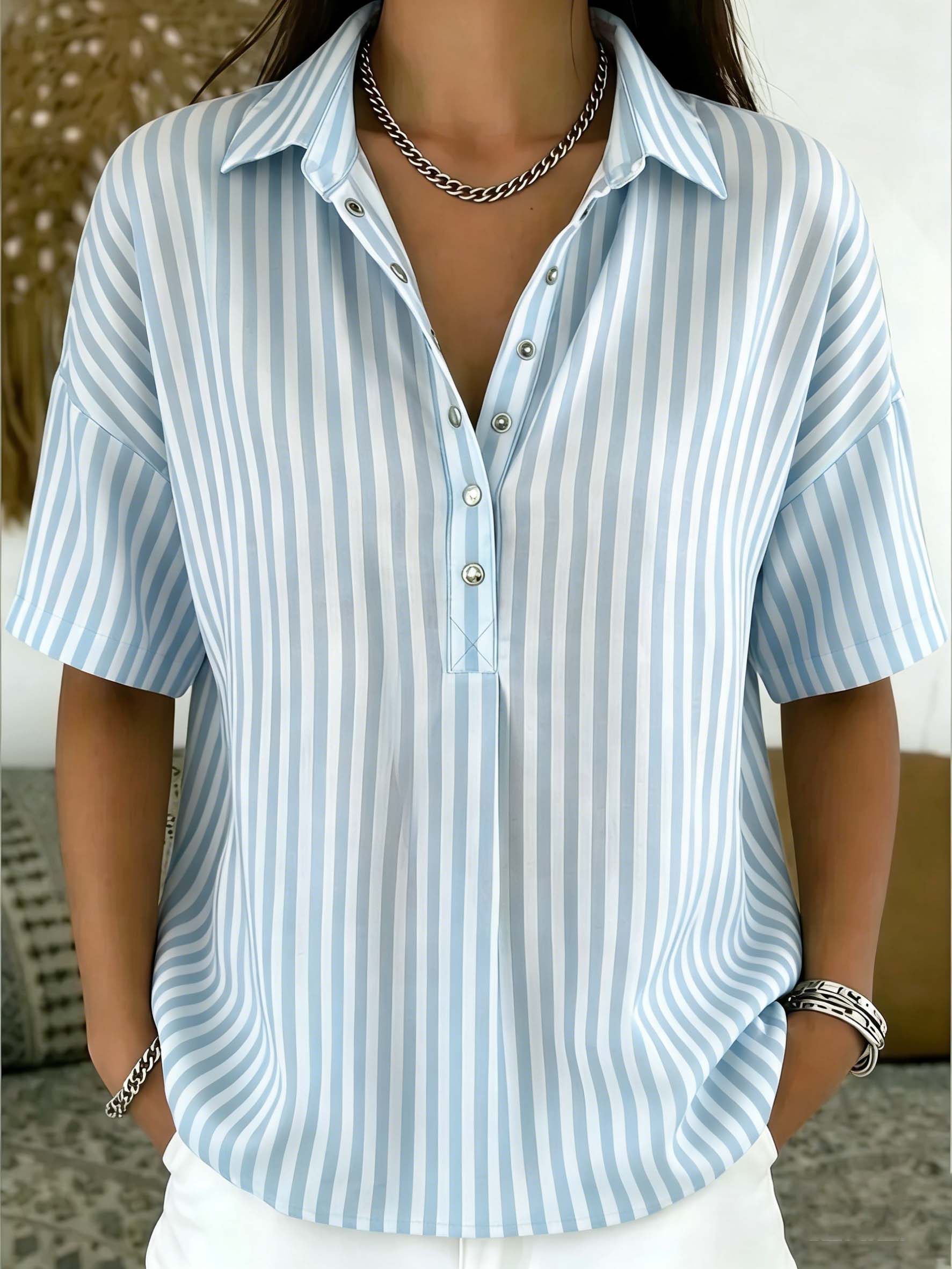 Casual Striped Polo Collar Snap Buttons Cotton-linen Shirt