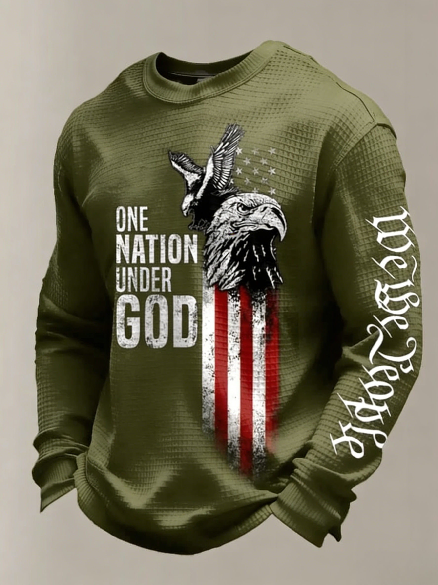Men's "One Nation Under God" Retro Eagle & Flag Print Waffle-Knit Long-Sleeve Top