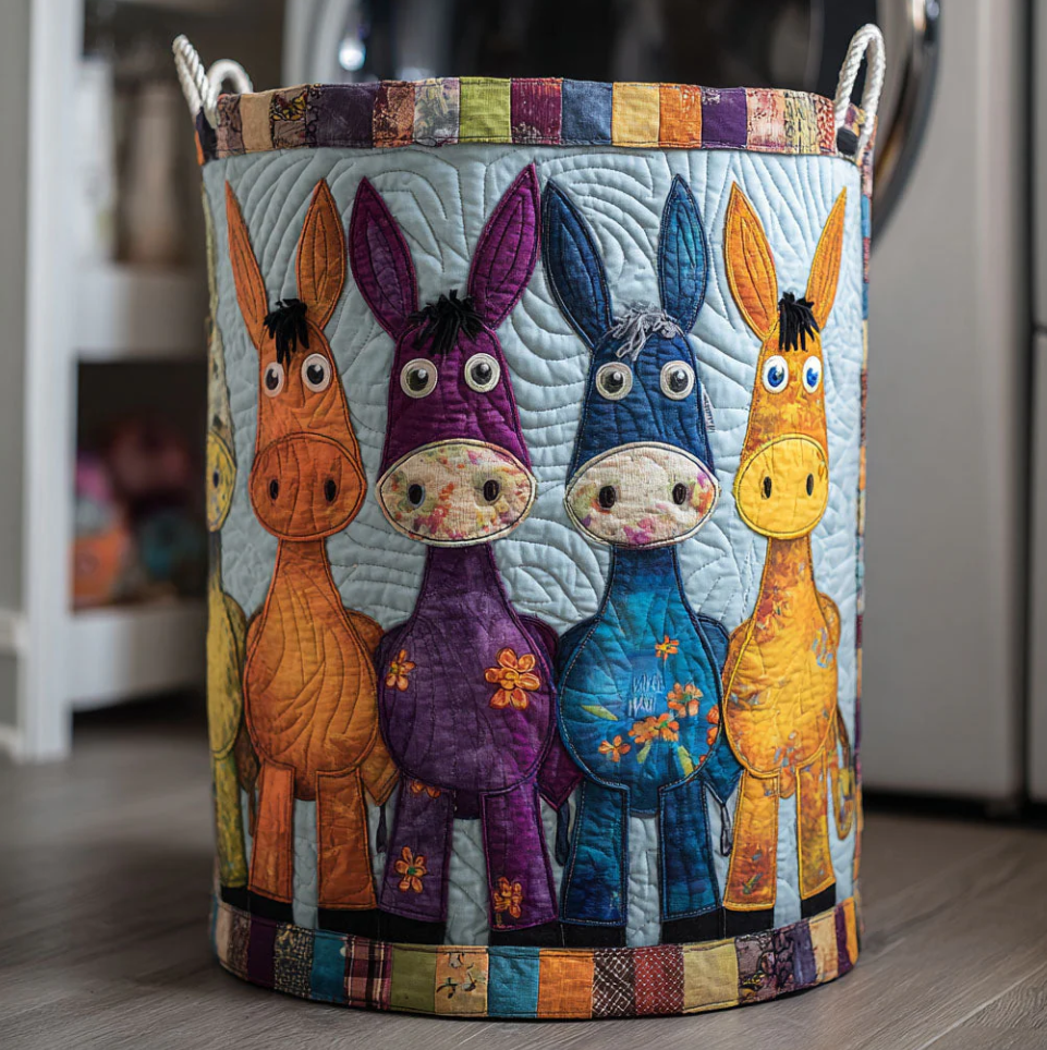 Colorful Cartoon Donkey Pattern Quilted Laundry Basket Eco-Friendly Machine Washable Storage Organizer for Home Kids' Room Decor | Donkey