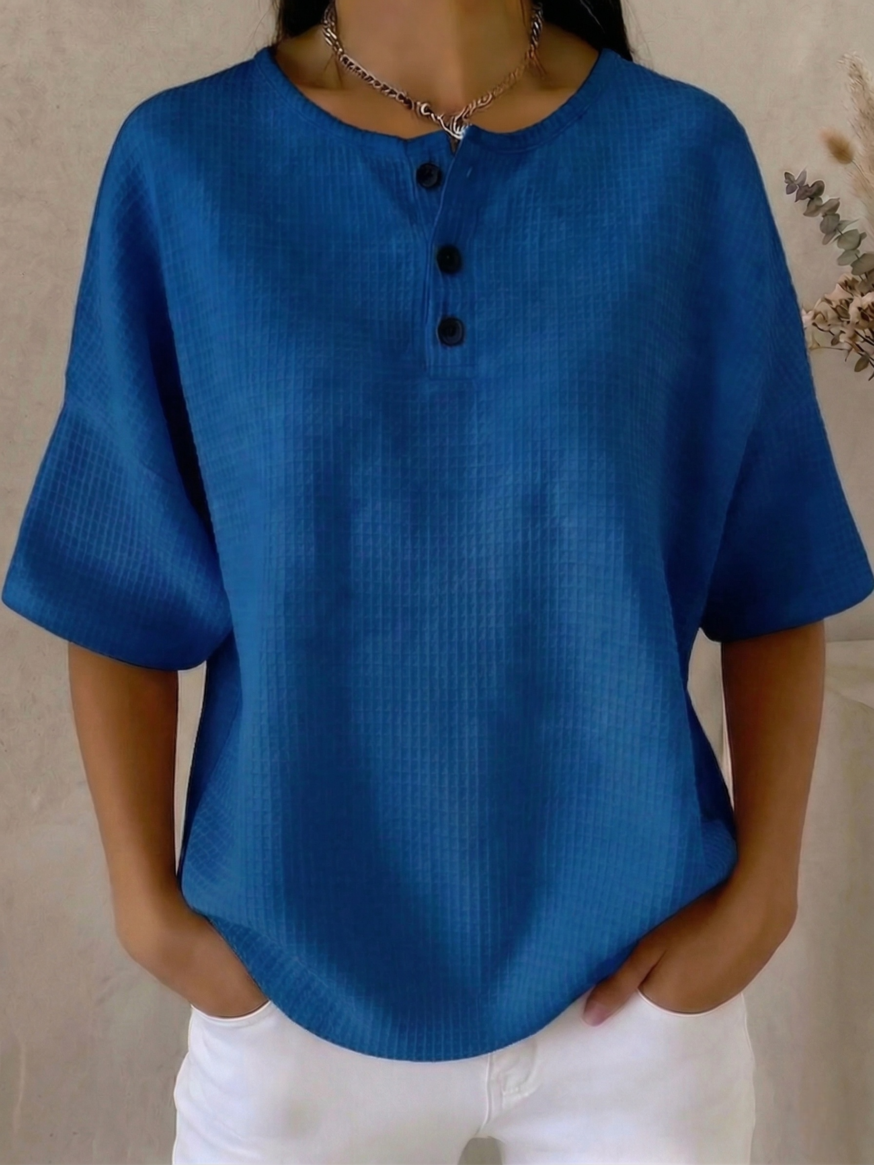 New Arrivals🔥Women's Casual Waffle Henry Collar 4/3 Sleeves T-shirt