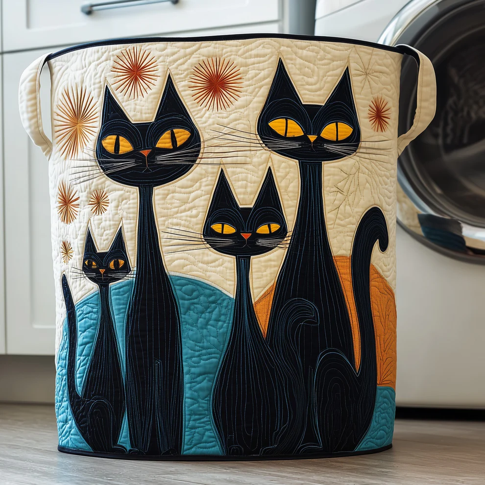 Whimsical Cat Quilted Laundry Basket  | Cat