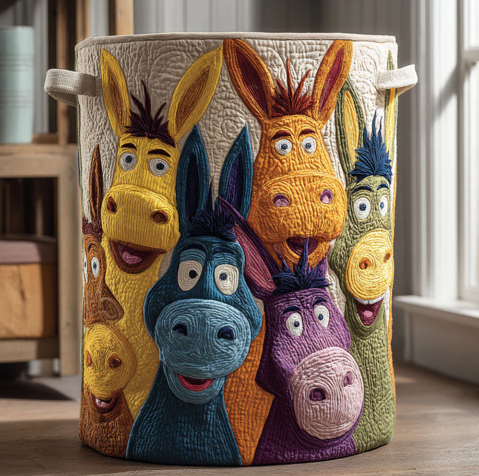 Colorful Cartoon Donkey Pattern Quilted Laundry Basket Eco-Friendly Machine Washable Storage Organizer for Home Kids' Room Decor | Donkey