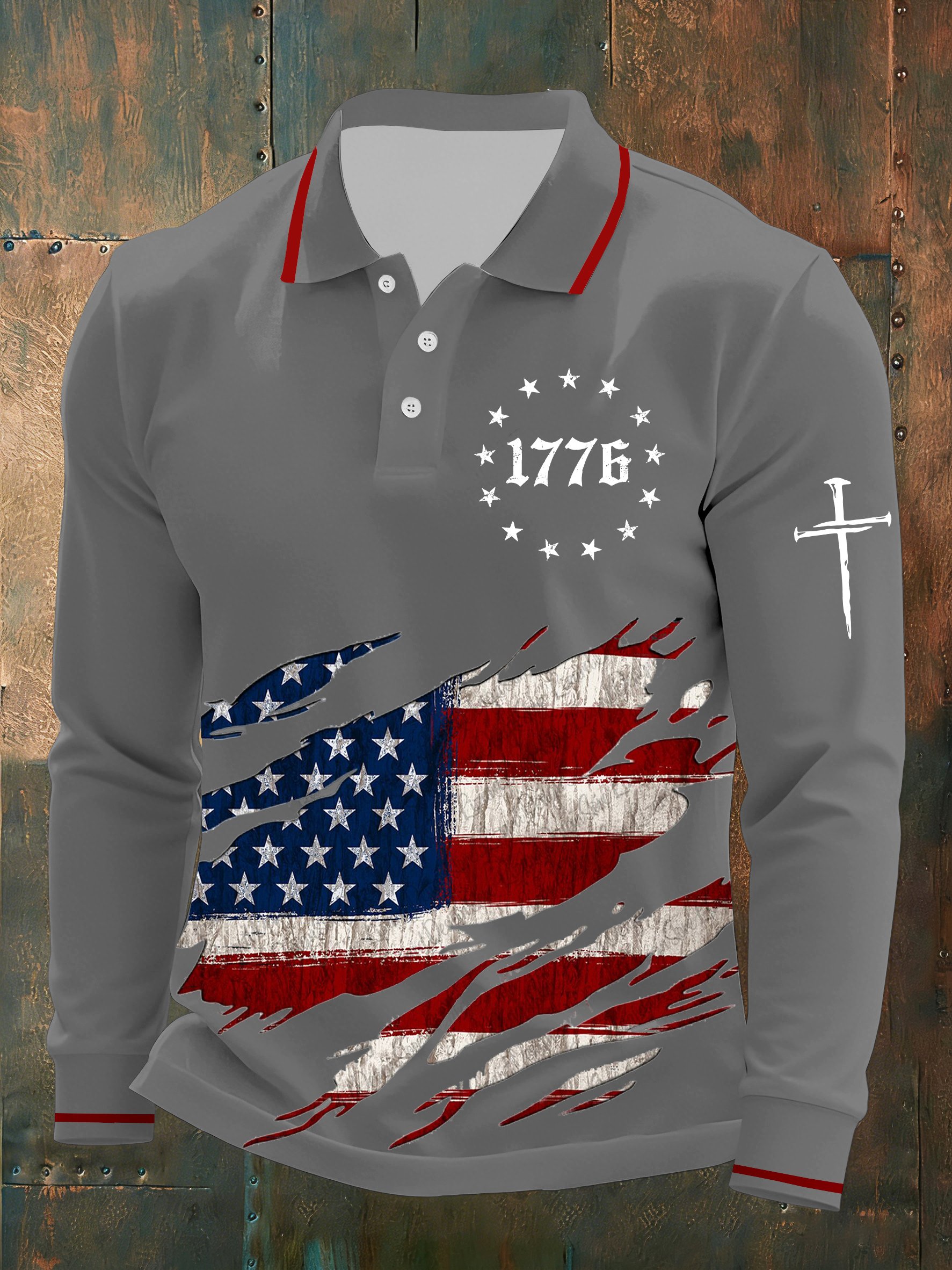Patriotic 1776 American Flag Print Long-Sleeve Polo Shirt – Distressed USA Flag Design with Cross Detail