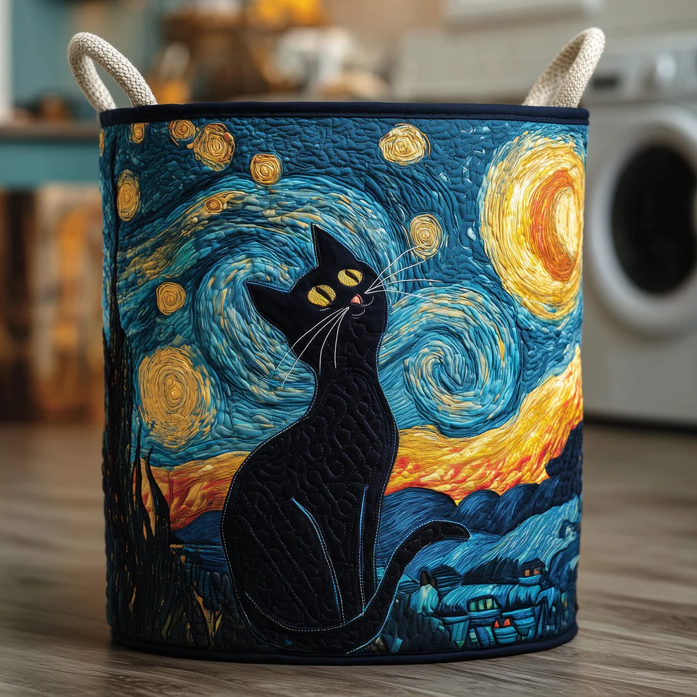 Van Gogh Starry Night Style Quilted Laundry Basket with Whimsical Black Cat & Swirling Star Pattern | Starry Night Cat